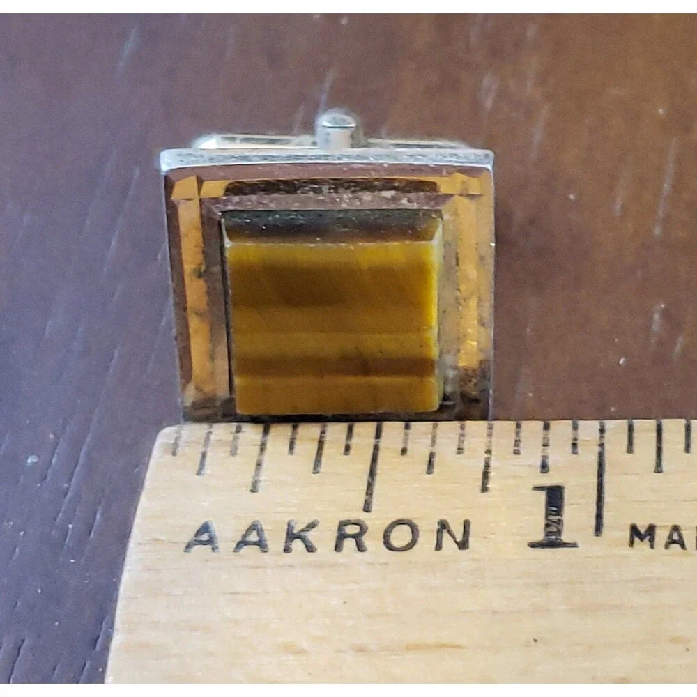 Vtg Swank Gold Brown Striations Stone Mounted, Gold Tone Metal Square Cuff Links